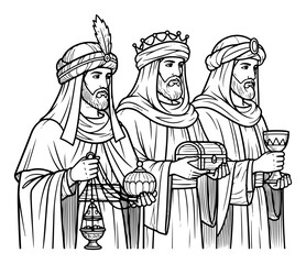 The Three Wise Men from the East vector illustration. Biblical Magi from the Nativity scene. Christmas religious characters for coloring book.