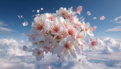 Floral Serenity: Blossoming Tree Branch Featuring Delicate Pink and White Flowers Floating Against a Dreamy Sky with Fluffy Clouds in Gentle Pastel Hues