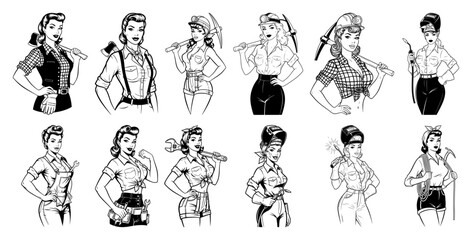 Set of retro pin-up working girls. Collection of vintage style beautiful and strong women characters. Female lumberjack miner welder mechanic vector illustrations. Hand drawn feminist labor icons.