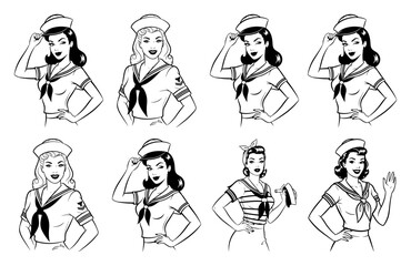 Set of retro sailor pin-up girls. Collection of beautiful women in vintage navy uniforms. Hand drawn nautical character vector illustrations. Marine theme comic style ladies isolated on white.