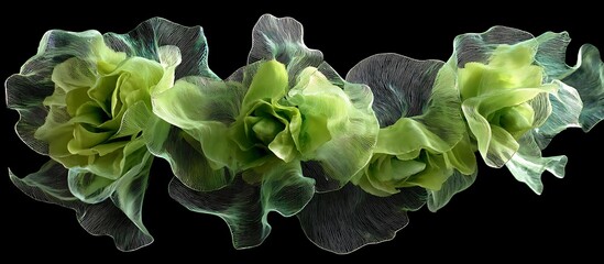 Abstract Floral Arrangement: Green Delicate Fabric Petals on Dark Background, Modern Textile Art, Organic Forms, Nature Inspired Design, Decorative Artwork