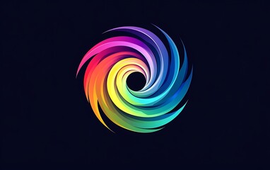 Colorful Vortex Logo: Abstract Swirl Design on Dark Background, Gradient Pattern, Modern Graphic Element, Rainbow Spectrum, Artistic Branding, Circular Shape