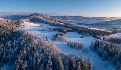 Snowy Forest Landscape Panorama Aerial View Winter Scenery Pristine Wilderness Mountains Tranquil White Wonderland Evergreen Trees Powder Snow Cold Season Holidays