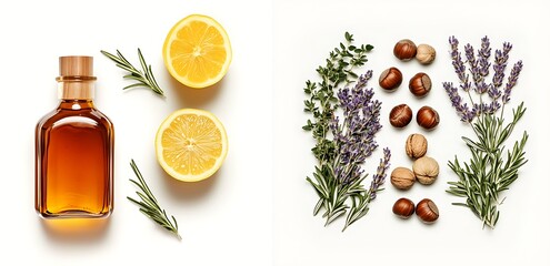 Aromatic Still Life Natural Ingredients Perfume Essential Oils Herbal Composition Freshness Beauty Fragrance Lavender Rosemary Lemon Hazelnuts Wellness Spa