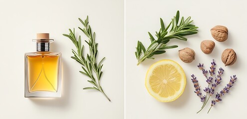 Fragrance Composition Still Life Aromatic Perfume Essential Oil Rosemary Lemon Lavender Walnut Natural Freshness Beauty Wellness Aromatherapy Spa