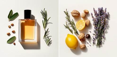Aromatic Still Life Sage Rosemary Lemon Lavender Nuts Perfume Bottle Ingredients Beauty Product Fragrance Essential Oils Herbal Freshness Wellness