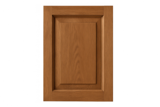 Oak wood cabinet door or drawer front with natural grain and recessed panel for kitchen furniture, transparent background