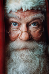 Close-up portrait of santa with a long white beard and glasses, creating a strong expression