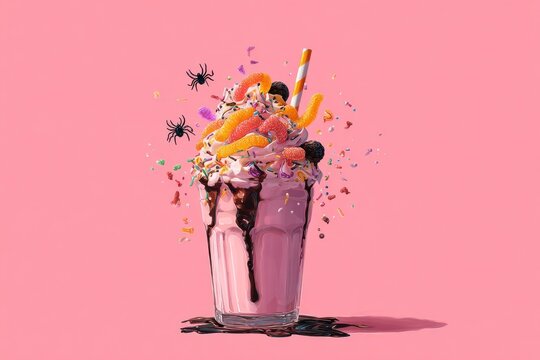 digital painting of spooky milkshake with whipped cream, straw, and gummy worms topping, pastel pink background, halloween fun drink