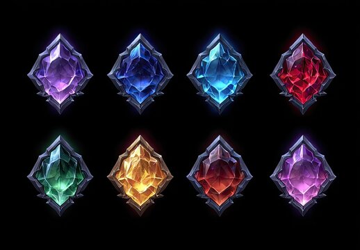 Eight Dazzling Gemstone Icons In A Diamond Shape With Intricate Metal Bezels Set Against A Black Background For Gaming Interfaces