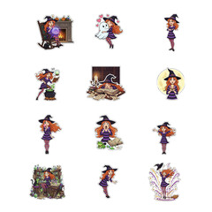 Cute cartoon witch sticker pack, in purple and orange, a set of emotions for Halloween