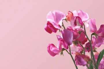digital painting of sweet pea blossoms, pastel pink background, minimal floral poster