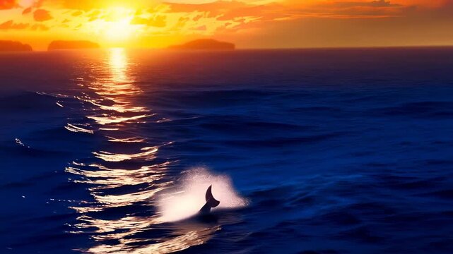 Playful dolphin jumping from sunset ocean wave, a close up view of ocean marine life activity, wild animal footage
