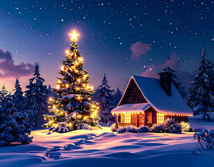 Naklejka premium Cozy wooden house with glowing Christmas tree in snowy winter landscape
