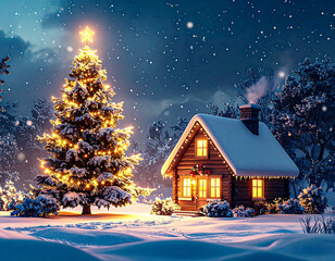 Cozy wooden house with glowing Christmas tree in snowy winter landscape