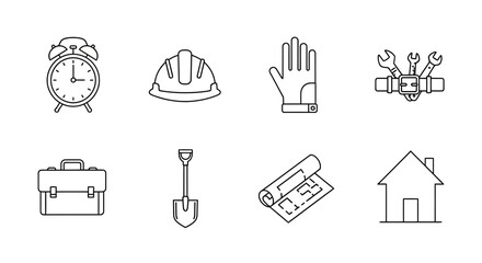 Set of eight construction and building related line icons including a clock, hardhat, glove, pipes, briefcase, shovel, blueprint, and house.