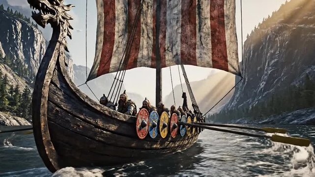 Northmen's Passage: Cinematic Aerial of a Viking Warship in a Moody Landscape
