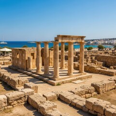 Exploration of Ancient Greek Ruins by the Sea on a Sunny Day Vacation