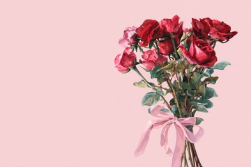 Fototapeta premium watercolor illustration of red rose bouquet wrapped with ribbon, pastel pink background, minimal romantic floral art