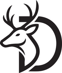 Minimalist D deer silhouette logo – black-and-white design of deer head and antlers fused with capital letter “D” for branding, initials, and nature-themed identity.