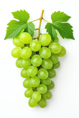 Obraz premium A radiant bunch of fresh, healthy green grapes with lush leaves, elegantly presented on a clean white background.