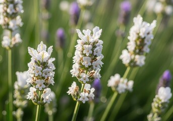 Delicate White Lavender Blooms Amidst a Sea of Greenery and Purple Hues