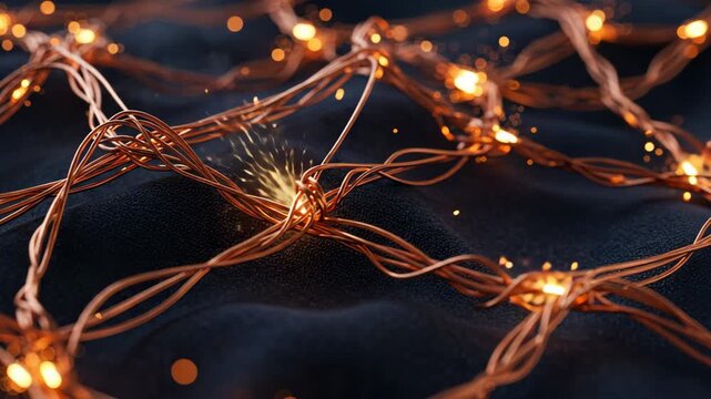 Glowing copper wire lights with sparks and bokeh effect on dark fabric