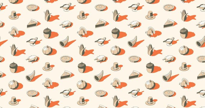 Thanksgiving black and white vector icons animation loop with orange shadows