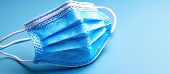 Close-up shot of a blue surgical mask with white ear loops on a light blue background.