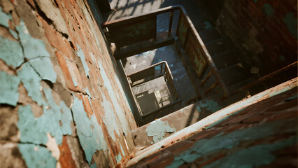 Abandoned Building Stairwell with Peeling Paint and Decay