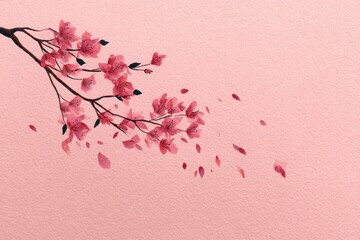 watercolor illustration of cherry blossom branch with petals falling, pastel pink background, minimal Japanese style