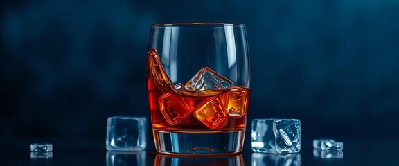 Obraz premium Amber liquid swirling in a snifter glass, ice cubes melting slowly, drink, closeup