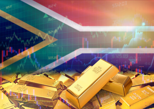 Gold bars on South Africa flag in background. Gold bars stacked on South African flag. Concept of South Africa gold reserves