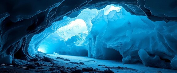 Intricate glacial ice cavern, deep blue hues, textured surface,  geology,  image