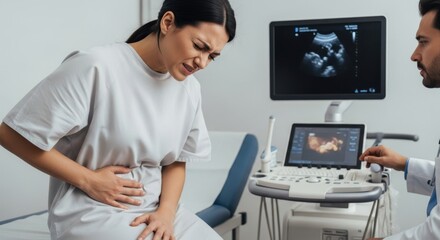 Distressed pregnant woman undergoing ultrasound with concerned specialist