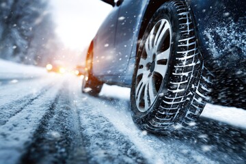 Car driving on snowy road with winter tires, low angle view.