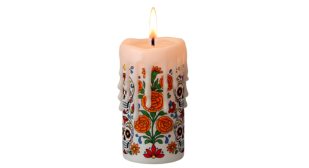 Day of the dead decorated candle with floral and skull motifs, isolated on transparent background