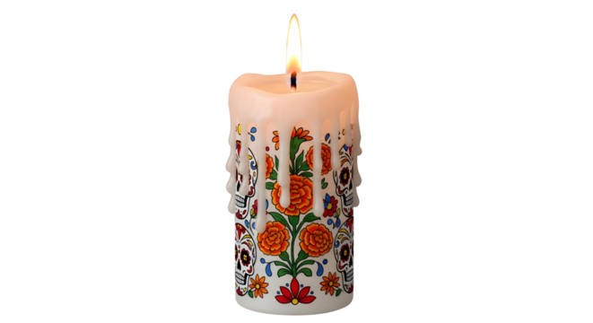 Day of the dead decorated candle with floral and skull motifs, isolated on transparent background