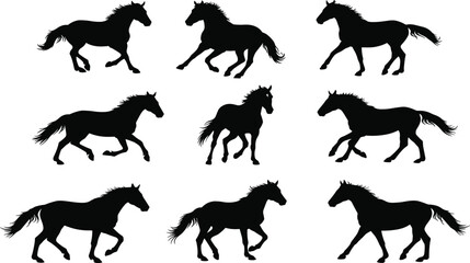 Horse Gallop Silhouette Sequence – Black Vector Grid Showing Dynamic Running Poses for Animation, Motion Study, Equine Anatomy, and Design