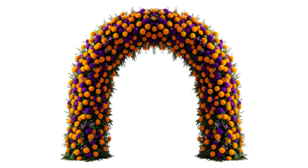 Day of the dead archway decorated with orange and purple marigold flowers isolated on transparent background