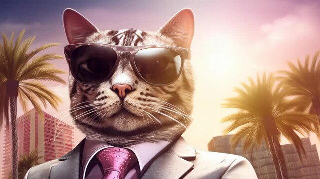 A cool cartoon cat in a suit with sunglasses standing against a sunset city backdrop with palm trees footage