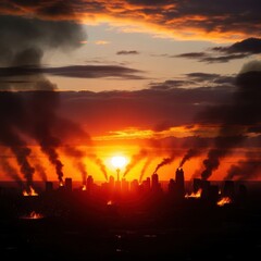 Fototapeta premium Cityscape at Dusk Under Siege with Dark Smoke Rising in the Skyline