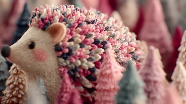 Close up of a whimsical hedgehog with colorful textured details and trees
