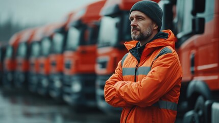 Truck driver in high visibility jacket overseeing fleet operations industrial yard portrait capture urban environment professionalism