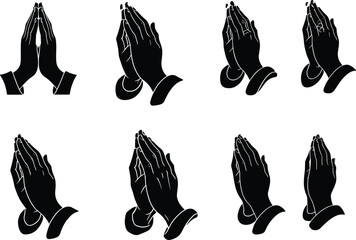 Praying hands silhouette vector set featuring spiritual poses, religious symbolism, peaceful devotion, black shapes, and expressive worship gesture variations