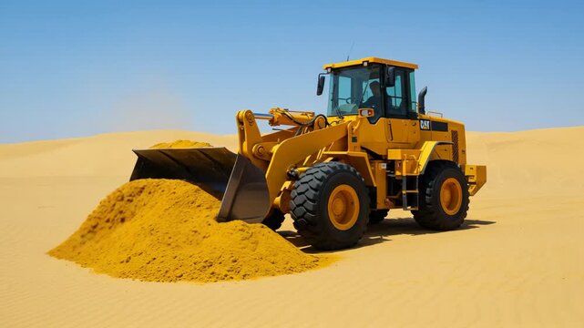 Industrial yellow front loader working on sandy desert terrain under clear blue sky