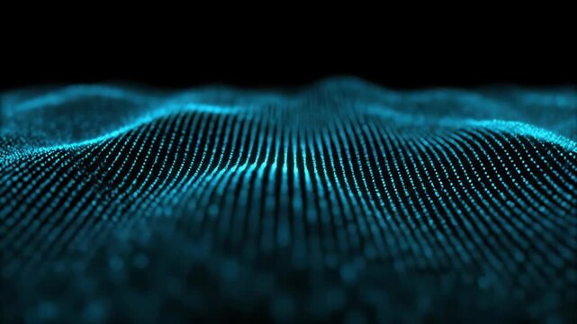 An abstract digital visualization of countless small blue lights forming a rhythmic, flowing wave pattern against a dark, empty background.