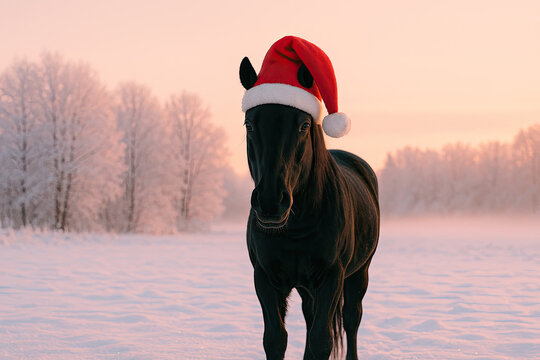 Black horse wearing Santa hat in snowy winter landscape at sunset - Powered by Adobe