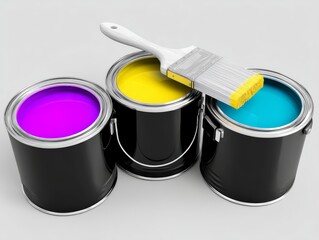 3D Illustration of CMYK Ink Colors in Paint Cans and Brush