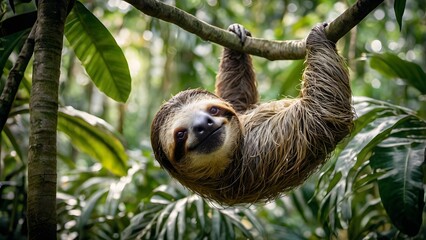 Fototapeta premium three-toed sloth hanging on a tree branch in lush tropical rainforest